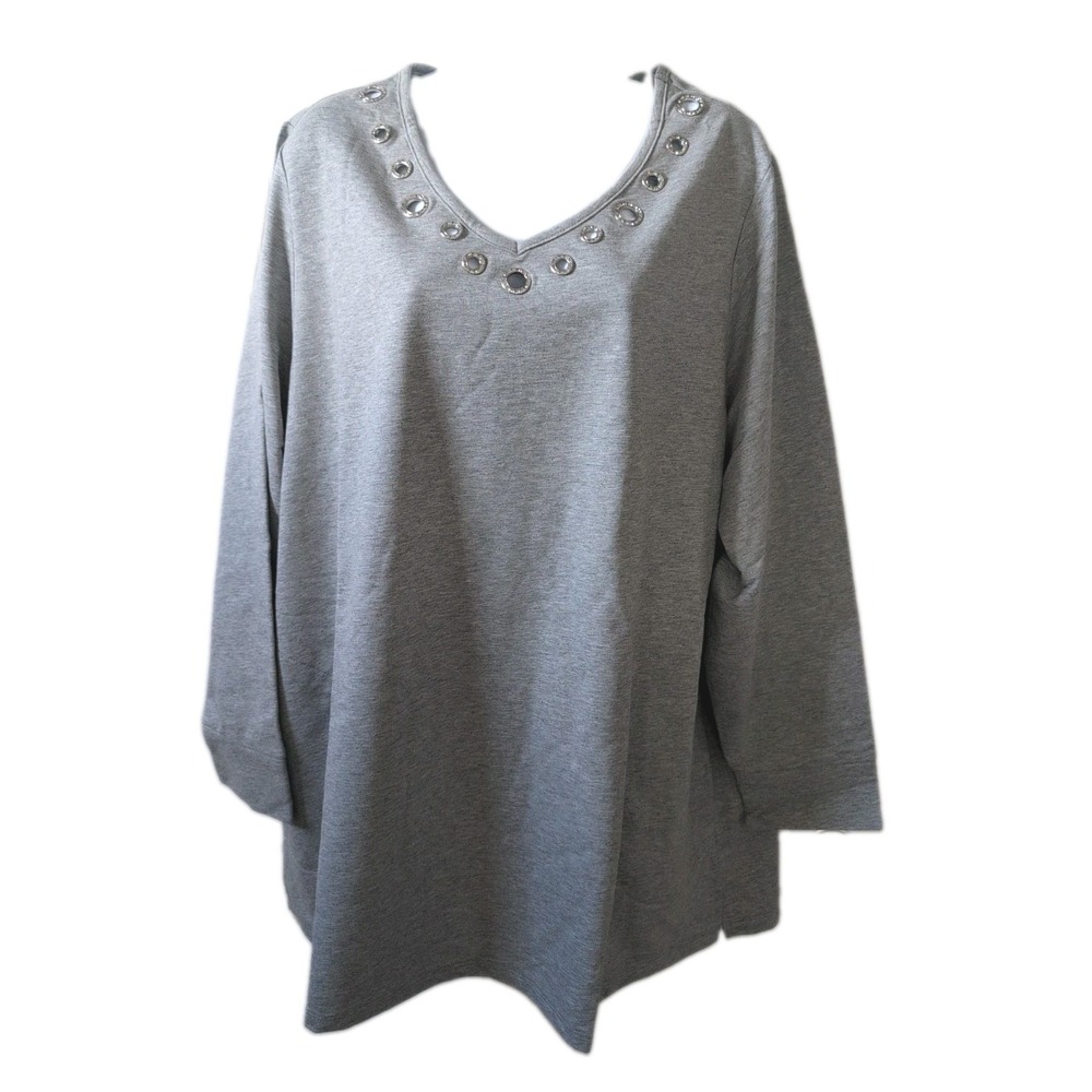 Quacker Factory Embellished Jewel Grommet Knit Long Sleeve Tunic Grey 2X - New